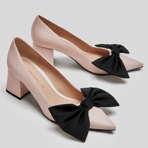 Zara Blush Pink Pointed Block Heel Pumps with Black Bow